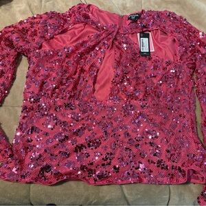 PrettyLittleThing Pink Sequin Long Sleeve Blouse
